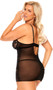 Sheer mesh and metallic lace babydoll with strappy criss cross front detail, underwire cups, adjustable shoulder straps, and keyhole hook and eye back closure. Matching G-String also included. Two piece set.