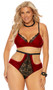 Velvet bra with underwire cups, lace trim, adjustable shoulder straps and hook and eye back closure. Matching high waisted cut out panty also included. Two piece set.