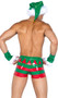 Men's Naughty Holiday Elf costume includes stretch vinyl trunks with green and red stripes, jagged waistband with jingle bell accents, and contoured front pouch. Vinyl wrist cuffs with faux fur trim and hook and loop closure also included.  Two piece set.