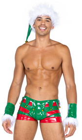 Men's Naughty Holiday Elf costume includes stretch vinyl trunks with green and red stripes, jagged waistband with jingle bell accents, and contoured front pouch. Vinyl wrist cuffs with faux fur trim and hook and loop closure also included.  Two piece set.