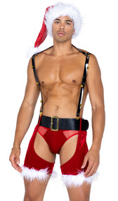 Men's Naughty St. Nick costume includes stretch velvet and sheer mesh briefs with contoured front pouch, velvet chaps with faux fur trim and belt loops, faux leather adjustable belt with oversized buckle, and faux leather adjustable suspenders with gold metal hardware and jingle bell accents. Four piece set.
