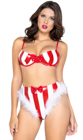 Candy Cane Holiday set includes red and white striped vinyl bra top with underwire demi cups, mini bow accent, adjustable shoulder straps and hook and eye back closure. Matching high waisted panty with marabou trim and thong cut back also included. Two piece set.