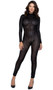 Long sleeve sheer mesh catsuit with shimmer tiger stripes, keyhole back, mock neck with double button closure and hidden back zipper.