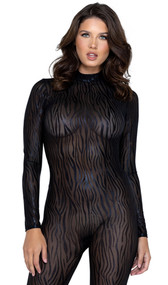 Long sleeve sheer mesh catsuit with shimmer tiger stripes, keyhole back, mock neck with double button closure and hidden back zipper.