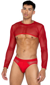 Men's sheer mesh long sleeve crop top with crew neck and binded edges.