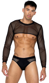 Men's sheer mesh long sleeve crop top with crew neck and binded edges.