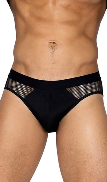 Men's X-Posed briefs feature a contoured jersey knit front pouch with sheer mesh sides and back.