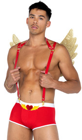 Men's Naughty Cupid costume includes jersey knit trunks with contoured front pouch, contrast white trim and winged velvet heart embroidery. Faux leather adjustable suspenders with gold metal hardware and O ring accents also included. Foam wings with glitter foil, stitched feather detail, and hook and loop attachment also included. Three piece set.