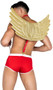Men's Naughty Cupid costume includes jersey knit trunks with contoured front pouch, contrast white trim and winged velvet heart embroidery. Faux leather adjustable suspenders with gold metal hardware and O ring accents also included. Foam wings with glitter foil, stitched feather detail, and hook and loop attachment also included. Three piece set.
