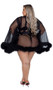 Sheer soft tulle short length robe with marabou trim, full length kimono sleeves and satin sash.