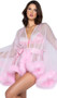 Sheer soft tulle short length robe with marabou trim, full length kimono sleeves and satin sash.