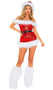 Santa Beauty costume includes off the shoulder sequin mini dress with faux fur trim and adjustable belt with buckle. Two piece set.