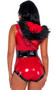 Santa Honey costume includes sleeveless vinyl romper with hood, faux fur trim, deep V neckline and zipper front closure. Belt with silver buckle also included. Two piece set. 
