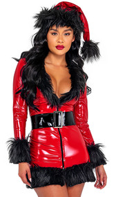 Santa Babe costume includes long vinyl mini dress with faux fur trim, deep V neckline and zipper front closure. Belt with silver buckle also included. Two piece set.