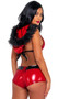 Playful Santa costume includes sleeveless vinyl halter top with detachable hood, faux fur trim, deep V neckline and tie back closure. Matching shorts with belt loops and adjustable belt with silver buckle also included. Three piece set.