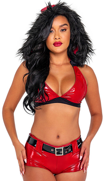 Playful Santa costume includes sleeveless vinyl halter top with detachable hood, faux fur trim, deep V neckline and tie back closure. Matching shorts with belt loops and adjustable belt with silver buckle also included. Three piece set.