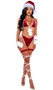 Santa's Holiday Spirit Bikini costume includes sleeveless red velvet halter top with contrast white trim, deep V neckline and front tie closure with faux fur pom pom accents. Matching bikini cut bottom with side ties also included. Two piece set.