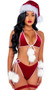 Santa's Holiday Spirit Bikini costume includes sleeveless red velvet halter top with contrast white trim, deep V neckline and front tie closure with faux fur pom pom accents. Matching bikini cut bottom with side ties also included. Two piece set.