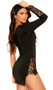 Asymmetrical one shoulder stretch mini dress features one long sleeve with lace insert, clear shoulder strap, and side slit with lace insert.