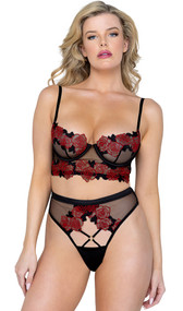 Rosa Bella Bra Set includes long line bra with underwire balconette cups, rose embroidered sheer tulle, adjustable shoulder straps and hook and eye back closure. Matching panty with cut out front, criss cross straps, o ring accent, cotton gusset and cheeky thong back also included. Two piece set.