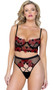 Rosa Bella Bra Set includes long line bra with underwire balconette cups, rose embroidered sheer tulle, adjustable shoulder straps and hook and eye back closure. Matching panty with cut out front, criss cross straps, o ring accent, cotton gusset and cheeky thong back also included. Two piece set.