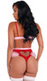 Satin bra features lace trim, mini bow accent, adjustable shoulder straps and hook and eye back closure. Matching high waisted crotchless panty with marabou feather trim and back heart shaped cut out also included. Two piece set.