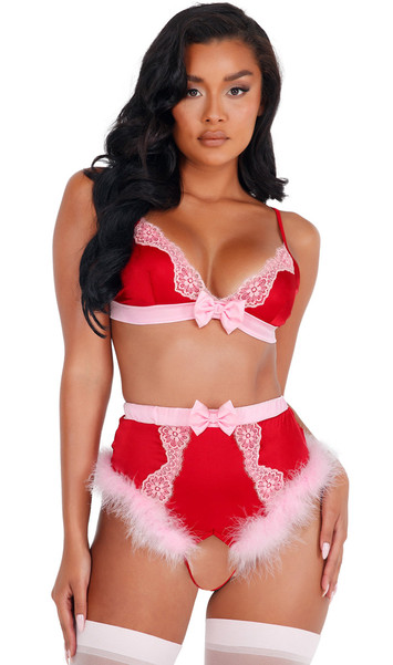 Satin bra features lace trim, mini bow accent, adjustable shoulder straps and hook and eye back closure. Matching high waisted crotchless panty with marabou feather trim and back heart shaped cut out also included. Two piece set.