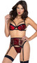 Python Bra and Waspie Set includes snake print stretch vinyl bra with strappy underwire demi cups, mini O ring accents, adjustable shoulder straps and cage style back with hook and eye closure. Matching waspie garter belt with snake embroidered tulle, adjustable garter straps and hook and eye back closure also included. Matching G-string panty with cotton gusset also included. Three piece set.