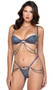 Glam Bra Set features bra top with shimmer sparkle fabric, underwire demi cups, double side chain accents, adjustable shoulder straps and cage style back with hook and eye closure. Matching thong panty with cotton gusset, strappy accent and double hip chains also included. Two piece set.