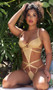 Glam Teddy features a shimmer sparkle fabric, underwire demi cups, double chain accents, strappy cut out details, adjustable shoulder straps, cage style back with hook and eye closure, and thong cut back with cotton cotton gusset.