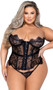 Eyelash lace strapless bustier features underwire balconette cups, scalloped trim, steel busk front opening, and hook and eye back closure. Matching thong also included. Two piece set.