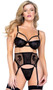 Wild Striped Waspie Set includes tiger striped mesh bra with strappy underwire balconette cups, mini O ring accents, adjustable shoulder straps and cage style back with hook and eye closure. Matching waspie garter belt with tiger embroidered tulle, adjustable garter straps and hook and eye back closure also included. Matching thong panty with cotton gusset also included. Three piece set.