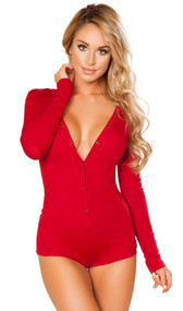 Long sleeve sweater romper with front snap closure.