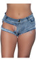 Low rise denim booty shorts feature a front cut out design, mini front pocket, button fly and zipper closure, belt loops, cut off frayed hems, and cheeky cut back with cut off pockets.