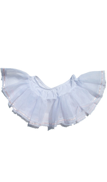 Mesh petticoat with lace trim and ribbon weaved edge. Stiff mesh with elastic waistband.