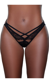 Low rise Brazilian style brief panty with lace front, cage style strappy open back, and lined crotch.