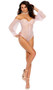 Dotted mesh sheer teddy features long flowy sleeves with ruffled cuffs, underwire cups, keyhole back with hook and eye closure, and snap crotch. Teddy can be worn on or off the shoulders.