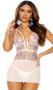 Sheer mesh babydoll features embroidered floral detail, plunging V neckline with strappy accents, adjustable shoulder straps, and back clip closure. Matching G-String also included. Two piece set.