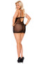 Sleeveless sheer mesh babydoll features scalloped lace cups with strappy detail, striped underbust band, adjustable shoulder straps, and keyhole back with clip closure. Matching G-String panty also included. Two piece set.