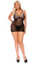 Sleeveless sheer mesh babydoll features scalloped lace cups with strappy detail, striped underbust band, adjustable shoulder straps, and keyhole back with clip closure. Matching G-String panty also included. Two piece set.