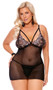 Sleeveless sheer mesh babydoll features scalloped lace cups with strappy detail, striped underbust band, adjustable shoulder straps, and keyhole back with clip closure. Matching G-String panty also included. Two piece set.