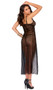 Sleeveless lace gown features triangle cups with strappy detail, flyaway front, long length, adjustable shoulder straps, and bow detail. Matching thong also included. Two piece set.