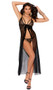 Sleeveless lace gown features triangle cups with strappy detail, flyaway front, long length, adjustable shoulder straps, and bow detail. Matching thong also included. Two piece set.