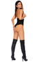 Studded leather and mesh teddy features open cups, O rings, high collar halter neck, and thong cut back.