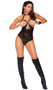 Studded leather and mesh teddy features open cups, O rings, high collar halter neck, and thong cut back.