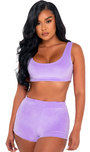 Sleeveless cropped tank top features luxurious stretch velour fabric, scoop neck and back and wide shoulder straps. Matching shorts with elastic waistband and boyshort cut included. Two piece set.