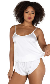 Soft satin cami top features adjustable shoulder straps and flyaway back. Matching shorts with high cut tulip hem also included. Two piece set.