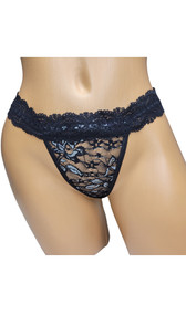 Lace panty with metallic flower accents, scalloped trim, elastic waistband and G-string back.