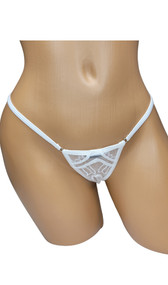 Lace thong panty with mini o ring accents and cage style strappy open back.