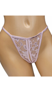 Sheer lace panty with open crotch and G-string back.